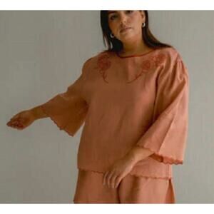 Sonderhaus Blouse Top Linen Women’s Size Medium M Pink Embroidered Shirt Antro